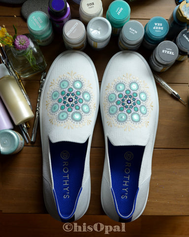 Hand Painted Teal Mandala Rothy's, Painted Shoes, Slip On Sneakers, Size 9.5, (canvas section)