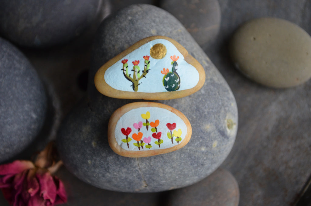 Painted Rock Duo, Desktop Decor, Hand Painted Rocks, Cactus Decor Art, Cactus Flower