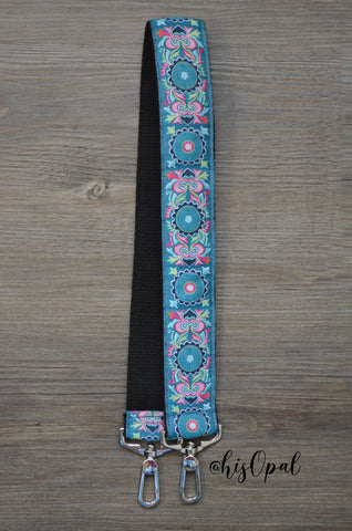 Hand Made Purse Strap, "Mantra" Black Back, Over the Shoulder Strap, 27 inches