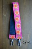 Hand Made Purse Strap, "Marigolds" Navy Back, Over the Shoulder Strap, 22.5 inches