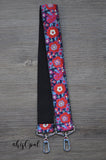 Hand Made Purse Strap, "Red Grand Bouquet" Black Back, Over the Shoulder Strap, 27 inches
