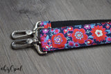 Hand Made Purse Strap, "Red Grand Bouquet" Black Back, Over the Shoulder Strap, 27 inches