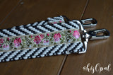 Hand Made Purse Strap, Black and White with Roses, Over the Shoulder Strap, 24 inches