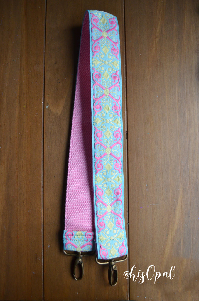 Hand Made Purse Strap, Baby Teal Boho Print, Light Pink Back, Over the Shoulder Strap, 28 inches