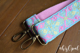 Hand Made Purse Strap, Baby Teal Boho Print, Light Pink Back, Over the Shoulder Strap, 28 inches