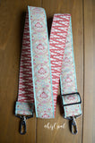 Hand Made Purse Strap, Red and White Zig Zag, Pastel Teal Adjustable Cross Body Strap, 25 to 43 inches