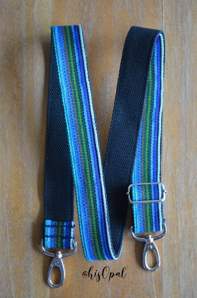 Hand Made Purse Strap, "Baja Blues" Black Back, Adjustable Strap, 29 to 50 inches