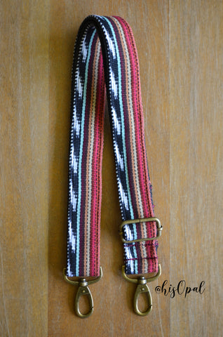 Hand Made Purse Strap, "Baja Reds" Black Back, Adjustable Strap, 28.5 to 48 inches