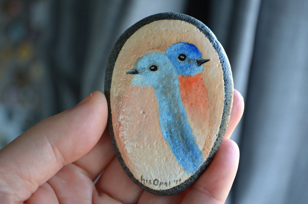 Painted Bluebird Couple, Bluebirds of Happiness, Hand Painted Rock, Unique Gift