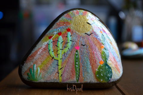 Double Sided Painted Cactus Rock, Desktop Decor, Cactus Art, Hand Painted Rock Art