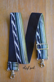 Hand Made Two Inch Wide Purse Strap, "Black Rainbow Olive" Black Back Adjustable Strap approx. 27 to 46 inches
