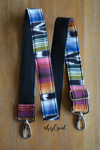 Hand Made Purse Strap, "Black Rainbow" Black Back Adjustable Strap approx. 27 to 46 inches