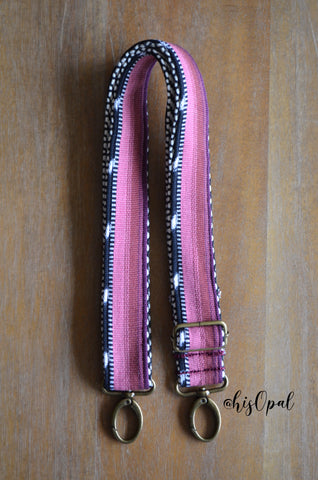 Hand Made Purse Strap, "Black Rainbow Pinks" Chevron Back Adjustable Strap approx. 28 to 48 inches