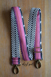 Hand Made Purse Strap, "Black Rainbow Pinks" Chevron Back Adjustable Strap approx. 28 to 48 inches
