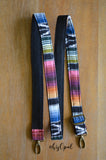Hand Made, Extra Long Purse Strap, 1 inch wide, "Black Rainbow" Black Back Adjustable Strap approx. 36 to 63.5 inches