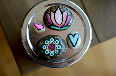 Fridge Magnet Set, Painted Rock Magnets, Lotus Flower Magnet, Mini Mandala Magnet, Hearts