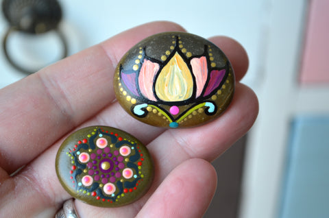Fridge Magnet Set, Painted Rock Magnets, Lotus Flower Magnet, Mini Mandala Magnet