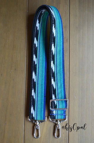 Hand Made Purse Strap, "Blue Lagoon" Black Back, Adjustable Strap, approx. 26.5 to 46 inches
