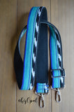 Hand Made Purse Strap, "Blue Lagoon" Black Back, Adjustable Strap, approx. 26.5 to 46 inches