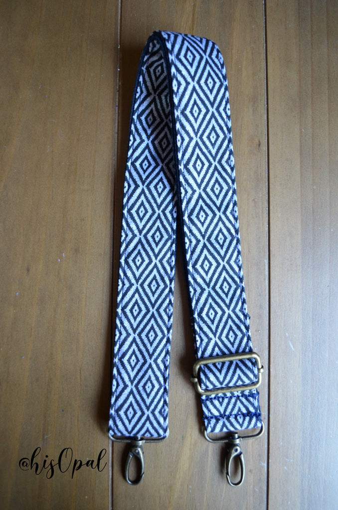 Hand Made Adjustable Purse Strap, Blue Diamonds, Navy Back, 25.5 to 44 inches