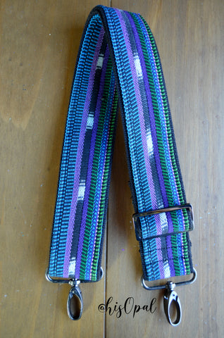 Hand Made Purse Strap, "Blue, Green, Purple" Black Back, Adjustable Strap, 25.5 to 43 inches