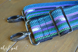 Hand Made Purse Strap, "Blue, Green, Purple" Black Back, Adjustable Strap, 25.5 to 43 inches