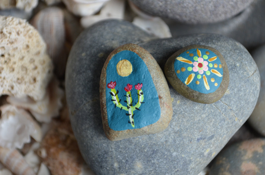 Painted Rock Duo, Desktop Decor, Hand Painted Rocks, Miniature Cactus Mandala Set