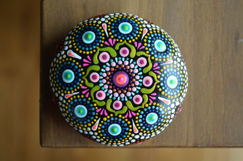 Neon Mandala Stone, Hand Painted Rock, Prayer Rock, Wedding Gift Mandala, Boho Decor
