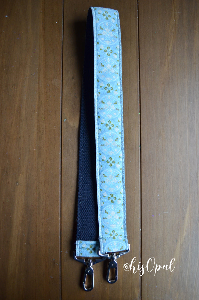 Hand Made Purse Strap, Baby Blue Boho Print, Navy Back, Over the Shoulder Strap, 30 inches