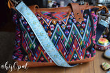 Hand Made Purse Strap, Baby Blue Boho Print, Navy Back, Over the Shoulder Strap, 30 inches