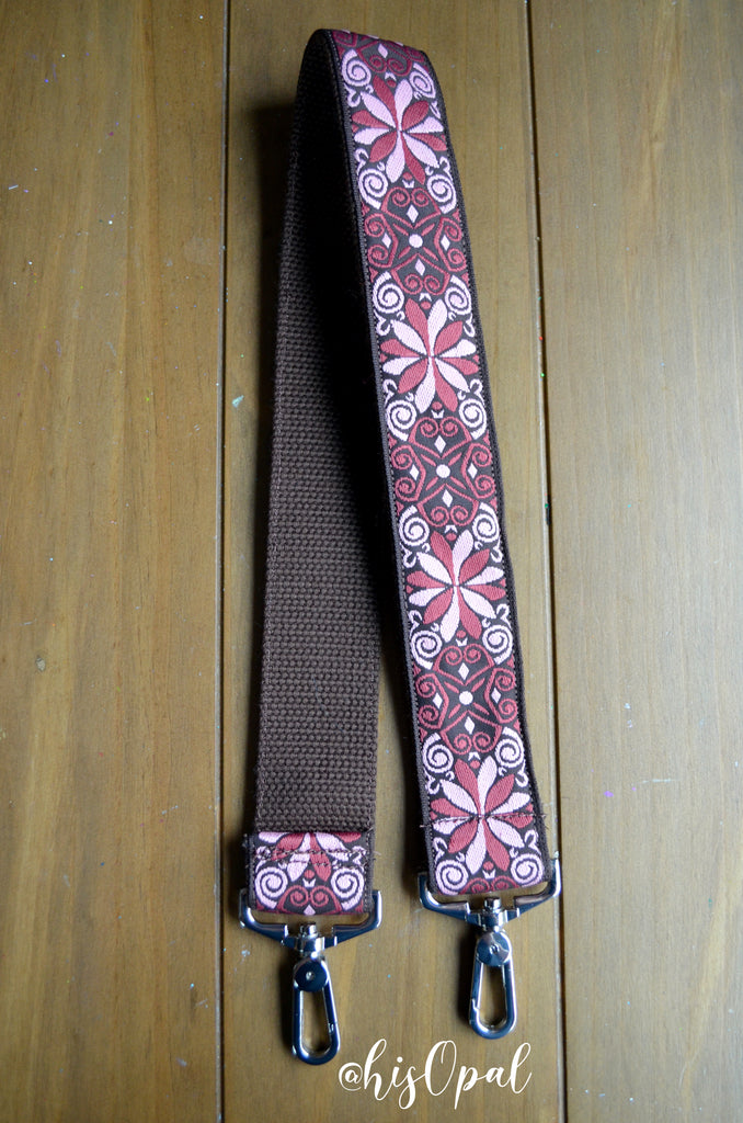 Hand Made Purse Strap, Pink Boho Print, Brown Back, Over the Shoulder Strap, 26.5 inches