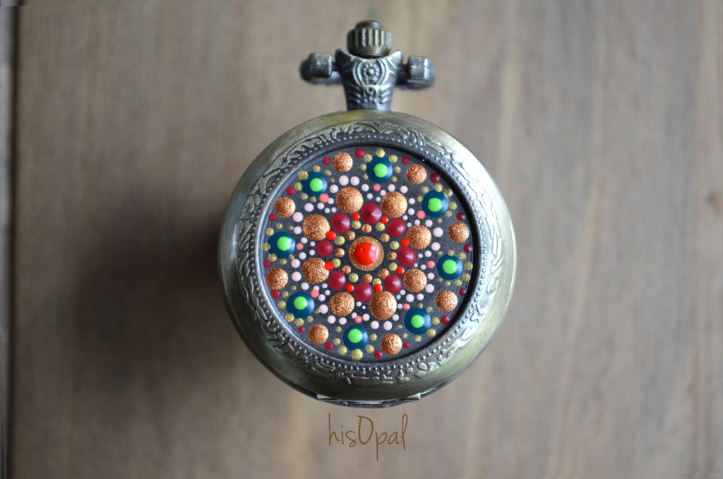 brass pocket watch pendant only, hand painted mandala, unique gift, mandala art, watch pendant