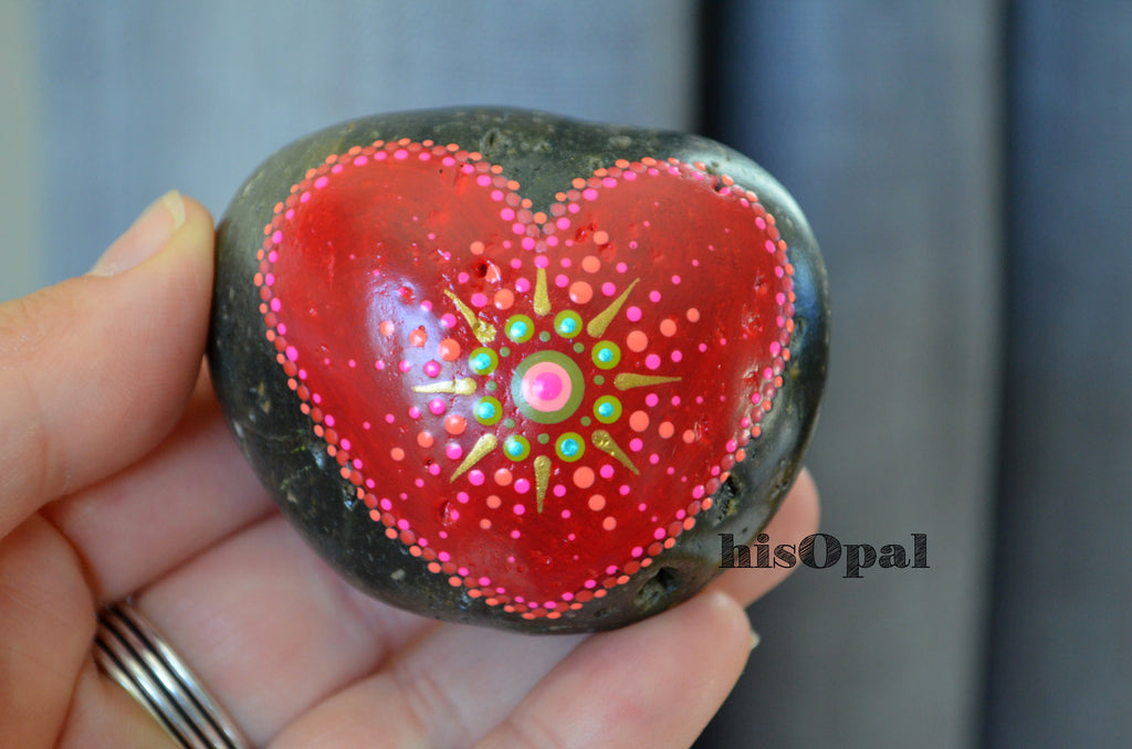 Painted Stone, Heart Mandala Stone, Hand Painted Rock, Indoor Stone, Easter Gift