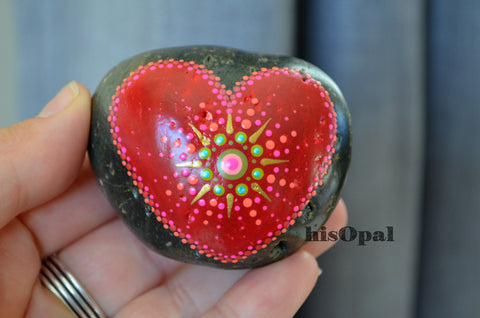 Painted Stone, Heart Mandala Stone, Hand Painted Rock, Indoor Stone, Easter Gift