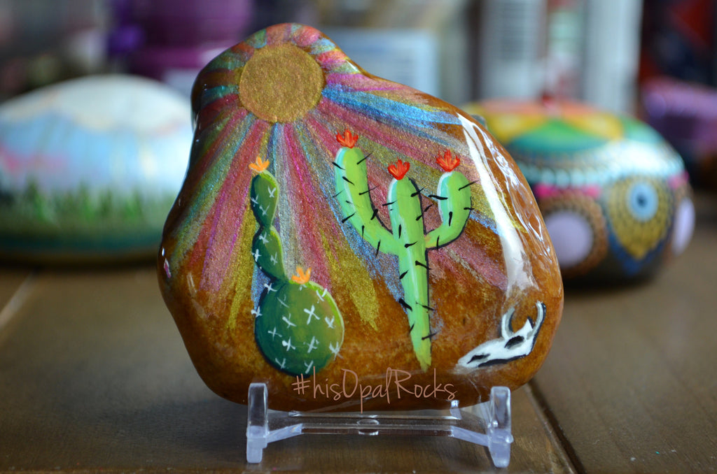 Painted Cactus Rock, Desktop Decor, Cactus Art, Hand Painted Rock Art, Southwestern Decor Art
