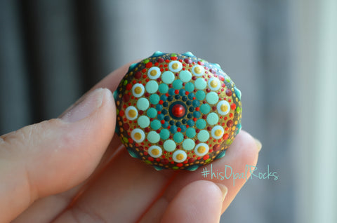 Small Mandala Stone, Painted Rock Gift, hisOpal Rocks, Teal and Red, Mandala Collection, Boho