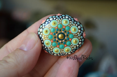 Coral and Teal Painted Rock Mandala, Mini Mandala Magnet, Refrigerator Magnet, Kitchen Decor
