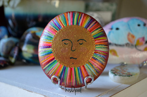Painted Rock Sun, Hand Painted Rock Art, Boho Decor Art, Nursery Decor, Sun Art