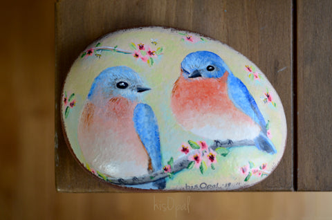 Bird Painted Rock, Hand Painted Stone, Bird Watching, Bird Art, Eastern Bluebird couple