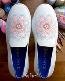 Hand Painted Pink/Coral/Periwinkle Mandala Rothy's, Painted Shoes, Slip On Sneakers, Size 8.5, (canvas section)