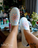 Hand Painted Pink/Coral/Periwinkle Mandala Rothy's, Painted Shoes, Slip On Sneakers, Size 8.5, (canvas section)