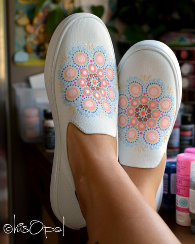 Hand Painted Pink/Coral/Periwinkle Mandala Rothy's, Painted Shoes, Slip On Sneakers, Size 8.5, (canvas section)