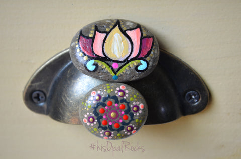 Fridge Magnet Set, Painted Rock Magnets, Lotus Flower Magnet, Mini Mandala Magnet