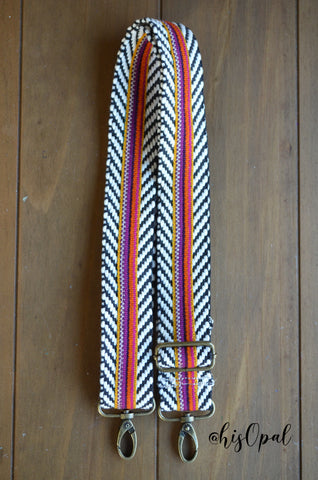 Hand Made Purse Strap, "Sedona" Black and White Chevron Back, Adjustable Strap, 27 to 48 inches