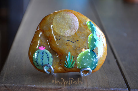 Painted Cactus Rock, Desktop Decor, Cactus Art, Hand Painted Rock Art, Stand Included, Resin Coated