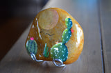 Painted Cactus Rock, Desktop Decor, Cactus Art, Hand Painted Rock Art, Stand Included, Resin Coated