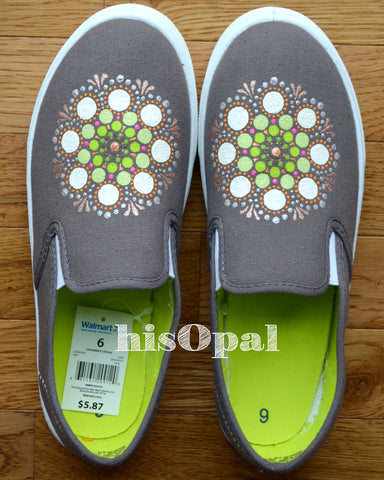 Grey Mandala Canvas Shoes, Original Art, Painted Shoes, Slip On Shoes, Hand Painted Sneakers Size 8