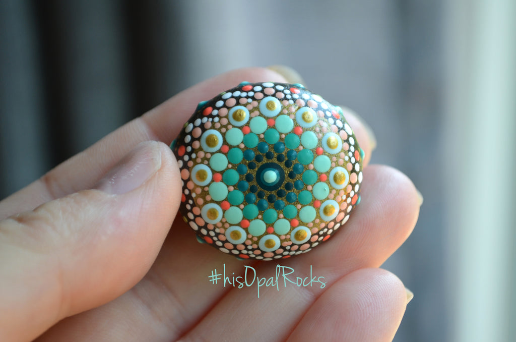 Small Mandala Stone, Painted Rock, Teal and Coral, Hand Painted Stone, Boho Decor