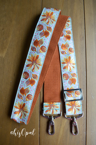 Hand Made Adjustable Purse Strap, Dandelion Sprout, Rust Back, 26 to 44.5 inches