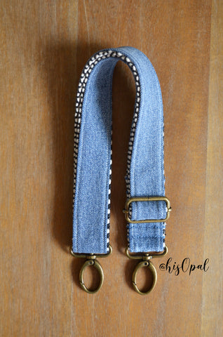 Denim purse strap, adjustable purse strap, Denim on Chevron, approx. 22 to 36 inches
